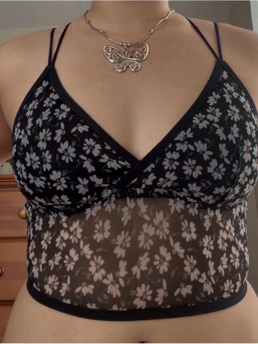 Hollister Black Floral Mesh Bralette Tank